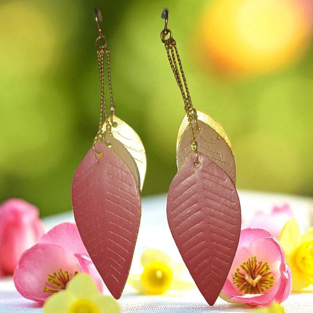 Elegant Maroon, Brown, and Gold Leaf Earrings